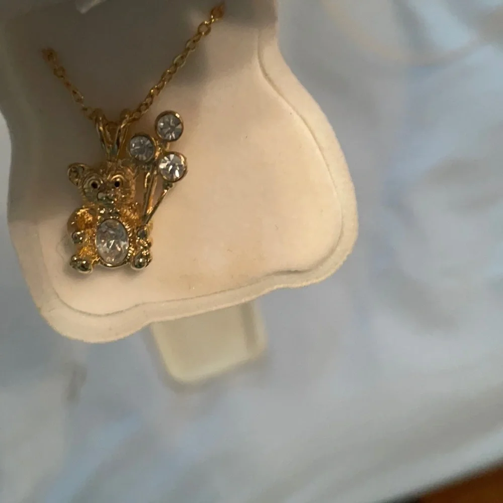 Teddy bear rhinestone diamond gold necklace